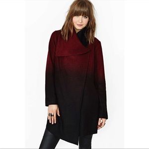 BB Dakota Ombré Crimson and Black Draped Neck Swing Coat Sz Medium